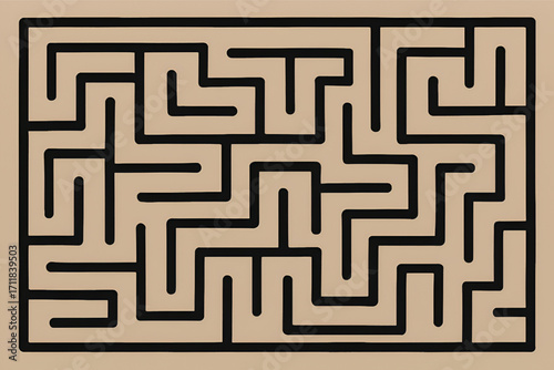 Minimalist maze illustration with thick dark lines on beige background in rectangular design
