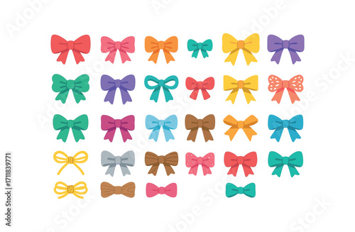 colorful flat vector icons Bows (Types) classic bow double bow triple bow mini bow giant bow flat bow puffy bow tail bow loop bow knot bow ribbon bow lace bow satin bow velvet bow tulle bow.