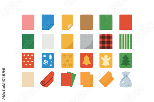colorful flat vector icons Wrapping (Paper) matte paper glossy paper foil paper kraft paper linen paper red paper green paper white paper gold paper silver paper plaid paper striped paper.