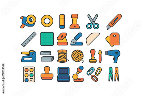 colorful flat vector icons Wrapping (Tools) tape gun tape roll glue stick scissors pair cutter knife metal ruler mat board corner punch hole punch bone folder staple gun staple box string.
