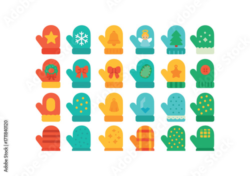 colorful flat vector icons Mittens (Decorations) mitten star mitten snow mitten bell mitten angel mitten tree mitten wreath mitten ribbon mitten bow mitten patch mitten trim mitten cuff.