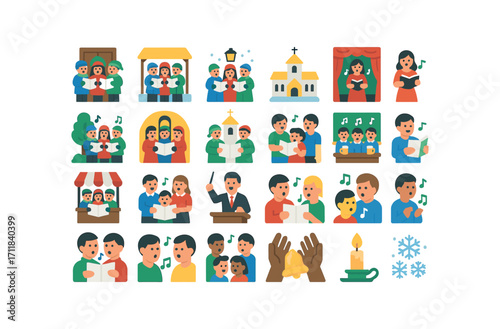 colorful flat vector icons Carols (Scenes) door singing porch singing street singing square singing park singing hall singing church singing stage singing market singing home singing pub.