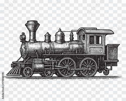 Vintage Steam Locomotive Illustration – Retro Train Drawing Classic Old Steam Train Sketch – Hand Drawn Railway Engine, Retro Steam Engine Drawing – Old Fashion Train Etching