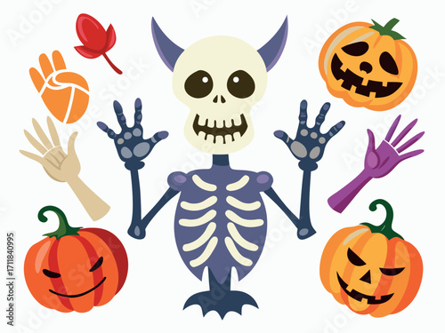 Spooky halloween skeleton illustration with jack-o'-lanterns and ghostly hands vector art