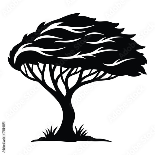 Stylized silhouette of a mature tree with windblown foliage and grass at its base silhouette