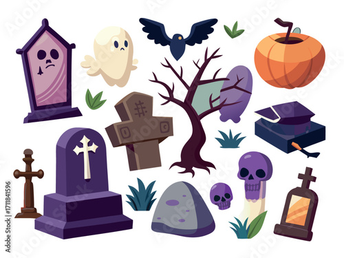 Spooky halloween graveyard vector illustration pack 10 elements for spooky designs