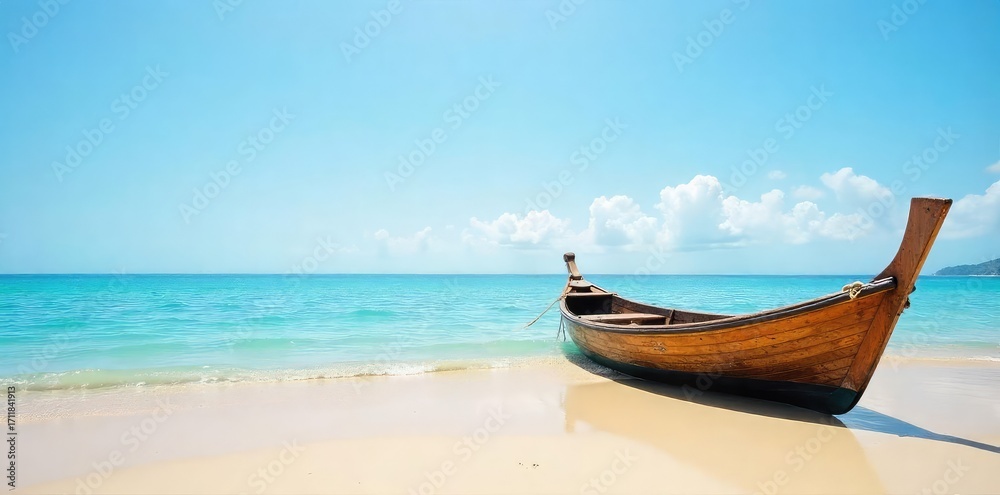 Obraz premium A small wooden boat gently rests on a tranquil sandy beach at low tide, surrounded by calm water and clear sky The scene evokes serenity and peace , wooden boat, coastline, peacefulness