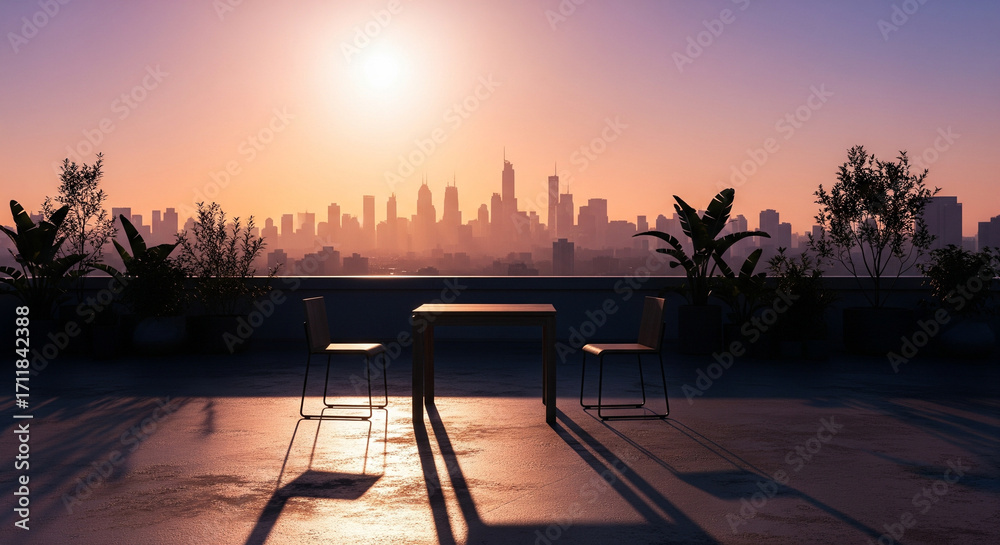 Fototapeta premium Golden Hour Rooftop Scene – Relaxed Terrace Setting with Simple Chairs, Potted Plants, and Dramatic City Skyline at Sunset, Perfect for Travel Editorials, Lifestyle Advertising, and Urban Hospitality 