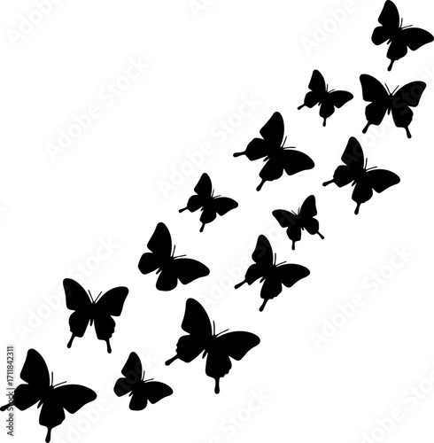 A swarm of black butterflies elegantly flies in a diagonal formation across a white background, creating a dynamic and whimsical visual