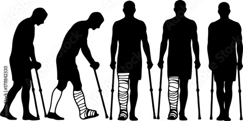 Sequential illustration of a person's recovery journey from a leg injury, depicting the stages of rehabilitation, reliance on crutches, and eventual restoration of mobility