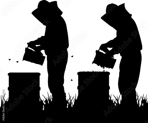 Silhouettes of beekeepers in protective suits tending to beehives, representing apiculture and the process of honey production in a natural setting