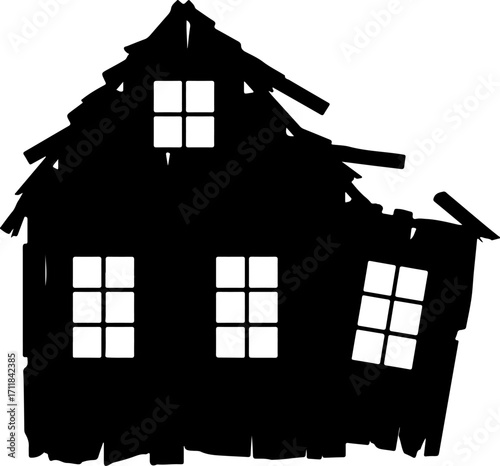 Haunted House Silhouette An Eerie, Abandoned Dwelling with Broken Windows and a Collapsing Roof, Ideal for Spooky Halloween Designs and Ghostly Themes