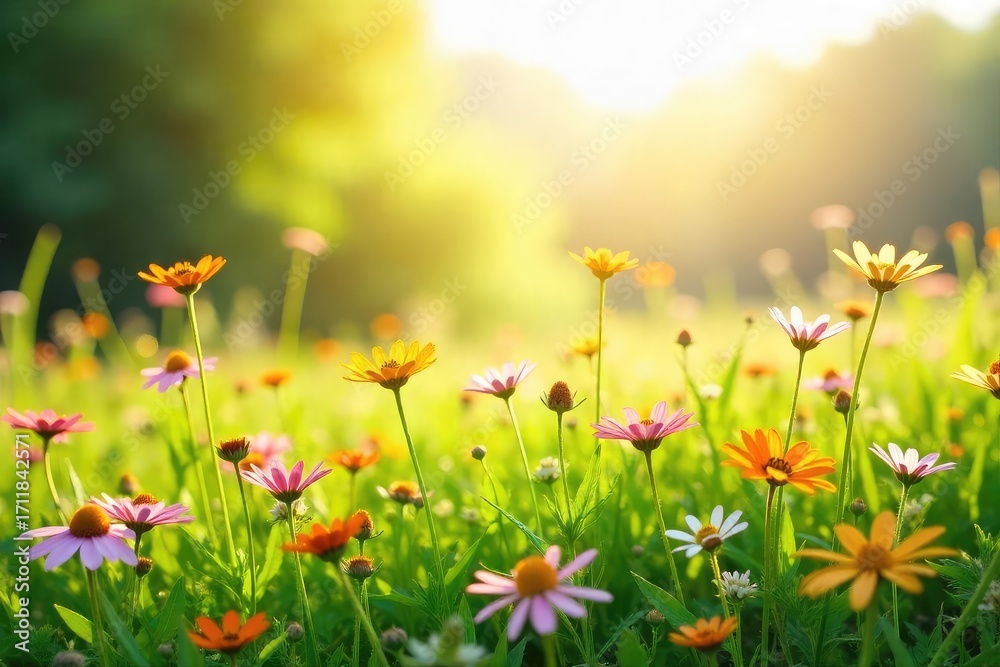 Fototapeta premium A sun-drenched meadow bursting with wildflowers, conveying a sense of gentle, serene joy and the simple beauty of nature's pretty happiness , spring, joyful
