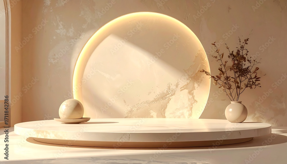 Fototapeta premium Beige minimalist podium with sunlit circular backdrop