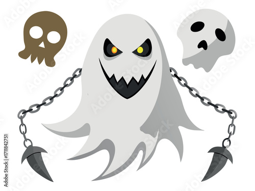 Scary flying transparent ghost vector illustration with chains and skulls for halloween