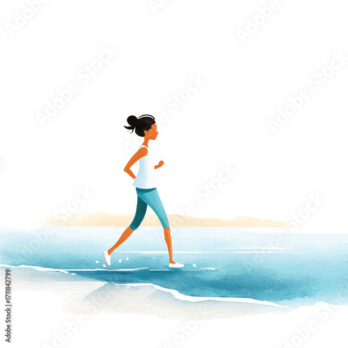 Woman jogging on the beach at sunrise.