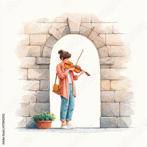 Woman playing violin inside an archway showcasing musical talent.