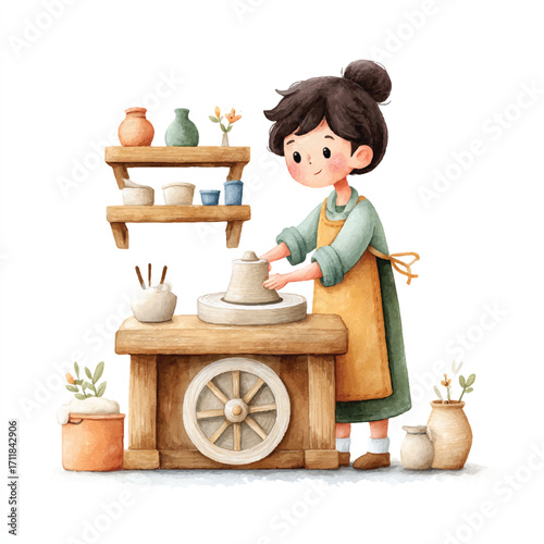 Woman potter focused on creating pottery art on a wheel.
