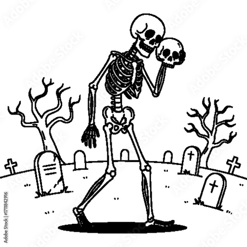 Skeleton standing in a graveyard holding its own skull – perfect for Halloween, horror, mystery themed products, such as t-shirt designs, stickers, book covers, and posters.