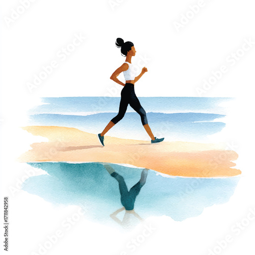 Woman running on beach enjoying a healthy lifestyle and fitness.