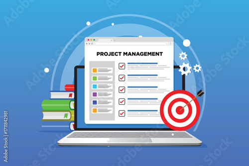 Project management, work deadline concept. Task dashboard concept on laptop with clipboard checklist. flat vector illustration.
