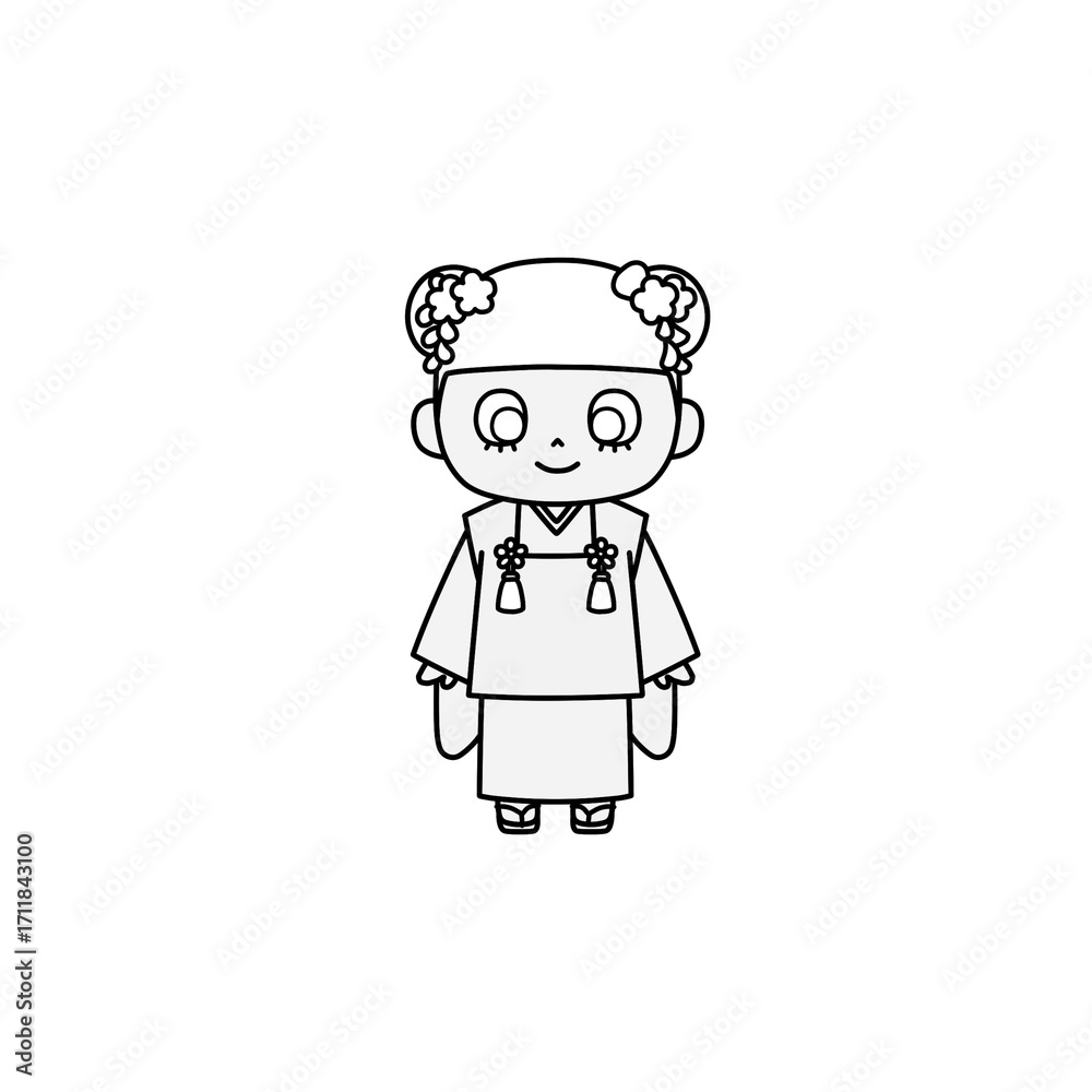 Fototapeta premium A line art hand-drawn illustration of a young girl in a Hifu Kimono, ideal for Shichi-Go-San celebration, New Year’s materials, and cultural design projects.