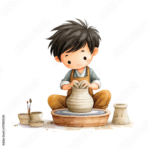 Young Boy Concentrating on Pottery.