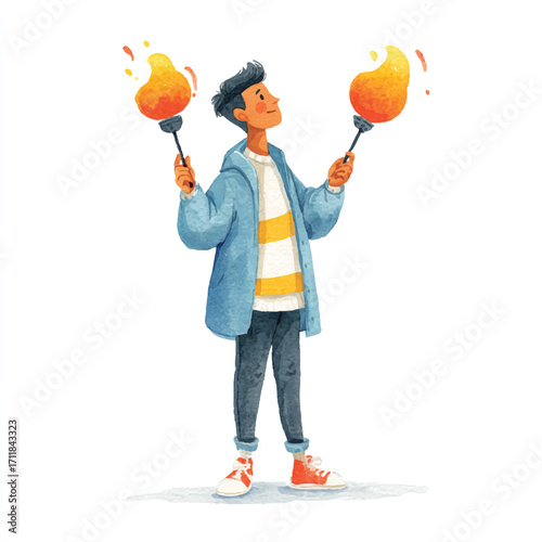 Young boy happily juggling two colorful cotton candy treats.