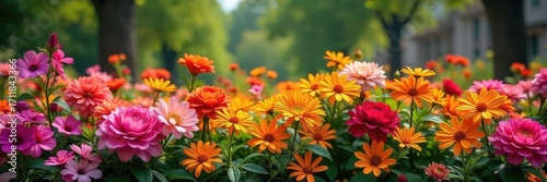 A vibrant and colorful bouquet flower-bed bursting with a profusion of blooms, creating a stunning display of natural beauty Perfect for garden, floral, and nature themes , botany, vivid, outdoor