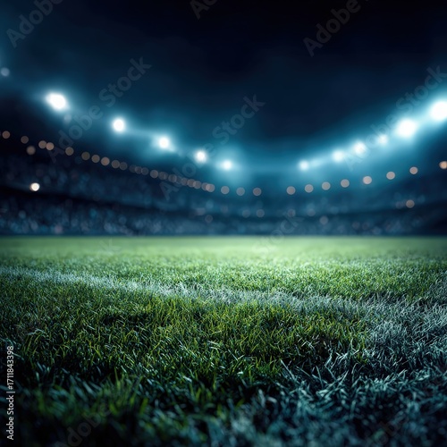 A vibrant, well-lit sports stadium field under night lights, showcasing lush green grass and an excited crowd in the background.