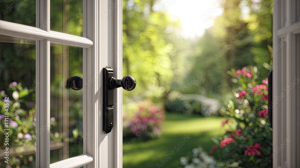 Fototapeta premium Open door reveals vibrant garden scene