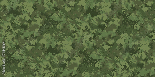 Abstract digital camouflage pattern in shades of green. Perfect for backgrounds, textures, or militarythemed designs.  Evokes a sense of concealment and strategy.