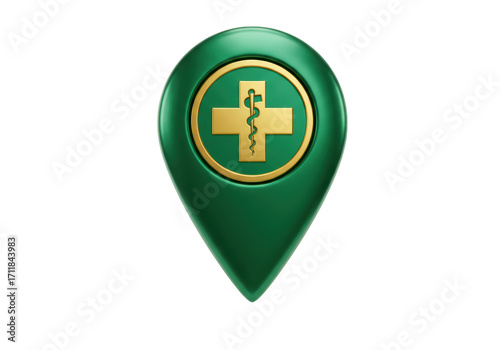 Isolated map pin with a gold cross and the Rod of Asclepius over a green field location icon