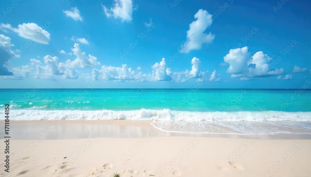 Obraz premium Stunning panoramic view of a pristine sandy beach meeting turquoise ocean waves under a vibrant blue sky Perfect for travel, vacation, or summer themes , background, foam, shoreline
