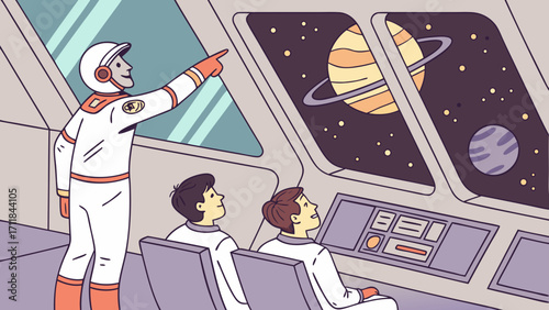 Futuristic Space Tourism Guide Explaining Planets to Visitors in Shuttle with Stunning Galaxy view