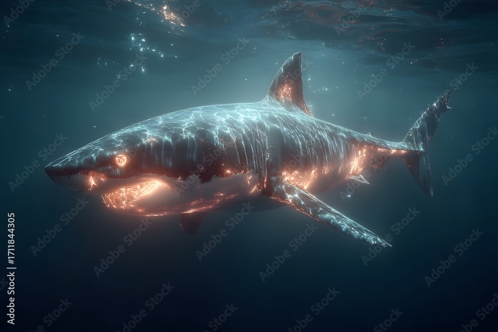 Fototapeta premium Magical neon shark swimming in deep ocean high resolution picture