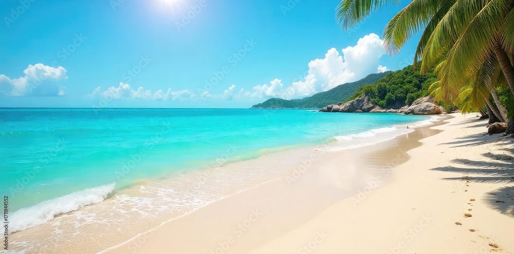 Fototapeta premium Sun-drenched coastal scene with turquoise water lapping gently on a sandy beach Perfect for summer vacation, travel, and holiday themes Ideal for websites and brochures , holiday, tropical