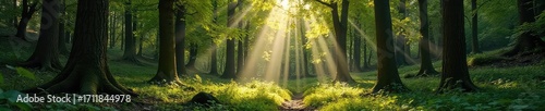Sun-dappled forest floor, towering timber trees reaching for the sky, lush undergrowth, a tranquil and serene natural scene , shadows, sunlight filtering, tranquil