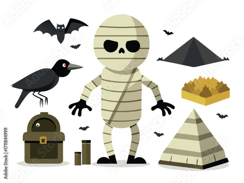 Halloween mummy vector illustration set with spooky elements for spooky designs