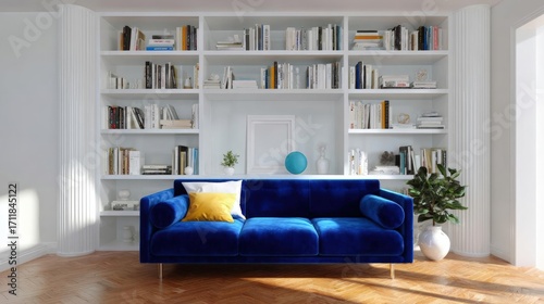 Modern living room with a large blue velvet sofa in the center. the sofa has two yellow throw pillows on it and is placed in front of a white bookshelf.