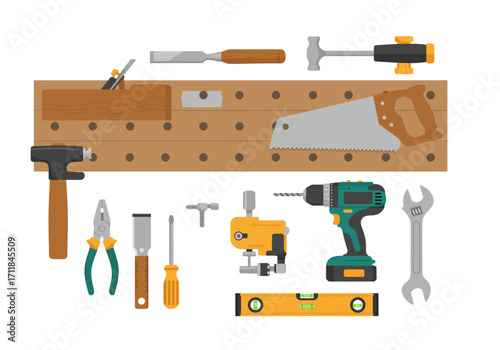 A flat vector image displays various carpentry tools arranged against a white background