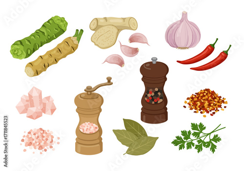 A spice assortment ginger garlic chiles wasabi bay leaves parsley grinders salt crystals peppercorns and crushed red pepper