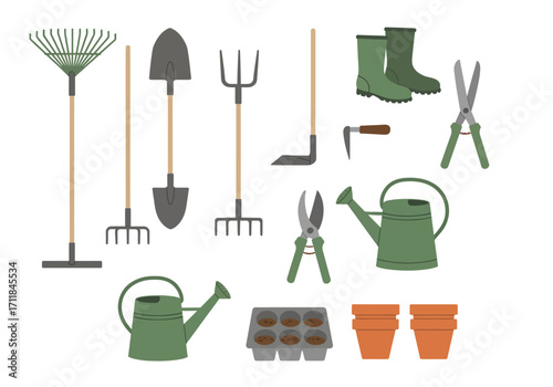 A collection of garden tools  accessories incl rakes shovels pruning shears watering cans pots  starter trays