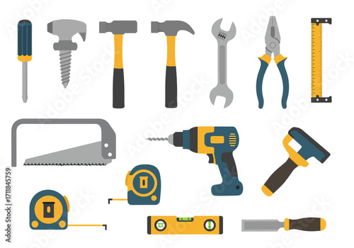 Assorted tools displayed screwdrivers hammers wrenches pliers saws drills tape measures levels and chisels