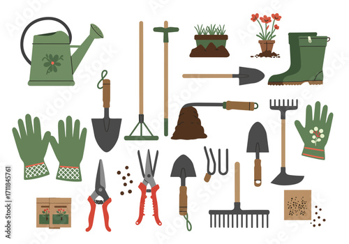Assorted gardening tools and accessories including shovels gloves and seeds are neatly arranged on a white background