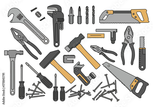 Assorted tools including wrenches pliers hammers screwdrivers saws drills nails and a set square are arranged together