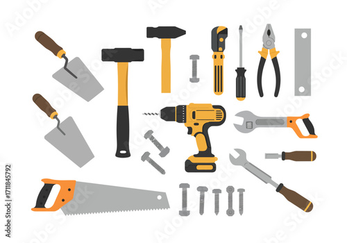 Assorted tools trowels hammers drill screwdrivers wrenches pliers saw bolts and a metal plate all flat on a white background