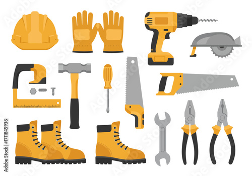 Construction tools hard hat gloves drill saw boots hammer screwdriver wrench and pliers