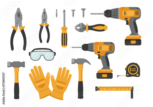 Construction tools pliers drills hammers gloves  measuring tools are arrayed on a white background