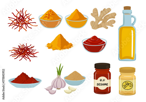 Food ingredients spices ginger garlic condiments oil and sesame seeds are presented on a white backdrop
